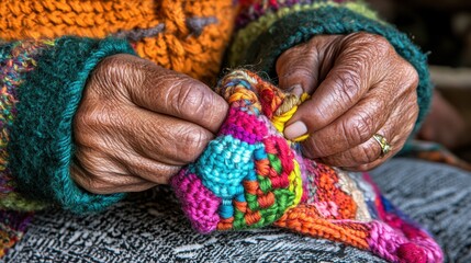 A close up of an elderly woman's hands knitting a colorful blanket.
