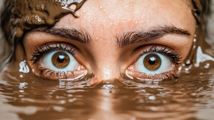 A close-up of a person's face submerged in a muddy substance, with their eyes wide open and looking directly at the camera.