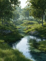 Tranquil nature view featuring meandering river through lush grassy landscape beauty with green trees and clear water ideal for capturing essence of peaceful outdoor environments of forest parks