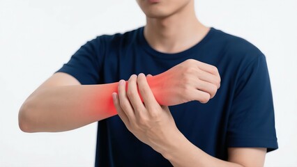 A person in a dark blue shirt holding their wrist with a red - highlighted area indicating pain