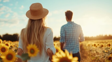 A couple strolls hand in hand through a field of vibrant sunflowers, capturing a romantic moment embraced by nature under the glowing sunset, symbolizing love and togetherness.