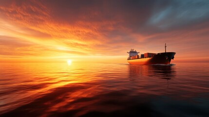 A cargo ship glides smoothly across the calm ocean waters as a breathtaking sunset paints the sky with vibrant colors, symbolizing journey and exploration on the sea.