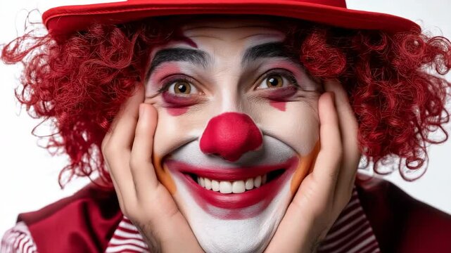 A clown with red hair and a red hat is wearing a red face paint with a red nose and red lips