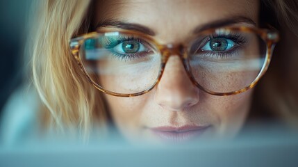 A close-up shot of a woman wearing round glasses, deeply engaged in a task with clear blue eyes reflecting concentration and determination in a professional setting.