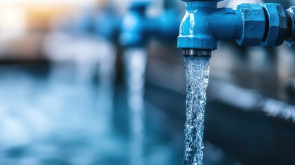 Water flowing gently from a blue metal plumbing pipe, showcasing liquid motion in a tightly focused shot, highlighting both functionality and industrial aesthetics.