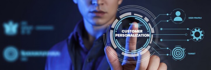 Person interacting with a digital interface displaying customer personalization concepts.