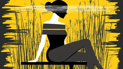 A woman in a black dress sits on a bench in a field of tall grass, with her hair tied up in a bun and her eyes closed.