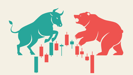abstract background of flat vector stock market bull and bear and candlestick graph