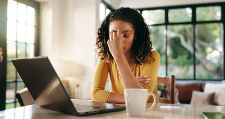 Stress, woman and home with laptop or headache for fail, mistake or burnout at house. Female...