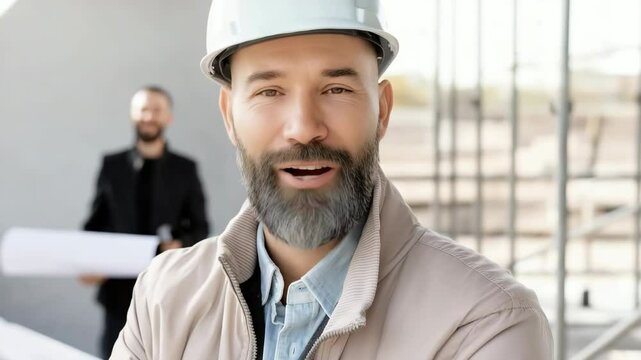 A man with a white helmet and a beard is smiling. He is wearing a jacket and a hat
