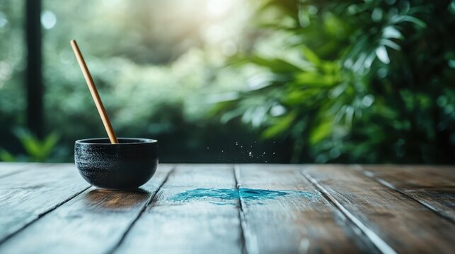 A black bowl with a wooden spoon and a vibrant splash of color symbolizes creativity and artistic expression in a serene indoor environment filled with greenery. - Powered by Adobe