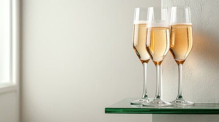 Three elegant champagne flutes filled with sparkling wine stand on a glass shelf, symbolizing joy and celebration in a minimalist setting with soft lighting.