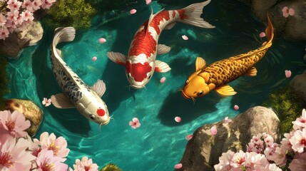 Koi fish in a serene pond surrounded by cherry blossoms