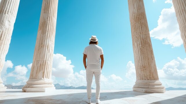 A lone figure dressed in white stands amidst towering ancient pillars, gazing at the expansive sky, evoking a sense of contemplation, freedom, and connection to history.