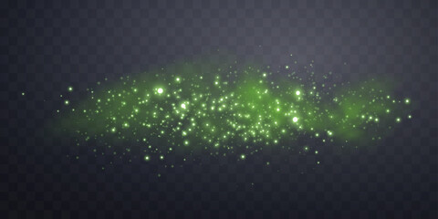 Green glittering dots, particles, stars magic sparks. Glow flare light effect. Green luminous points. Vector particles on transparent background.