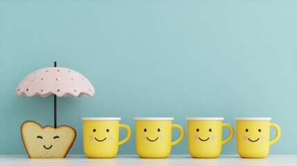 Cute yellow mugs and bread with umbrella