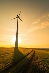 Obraz premium At sunset, a three-bladed wind turbine casts dramatic shadows across fertile fields, while a second turbine appears on the horizon
