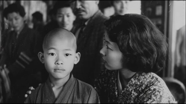戦後の朝、母親が息子の服の襟を整える心遣い