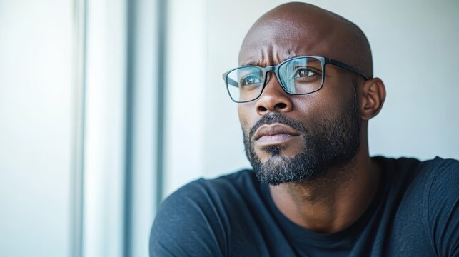 A pensive man gazes thoughtfully out a window, immersed in his own thoughts, showcasing a moment of introspection amidst a bright atmosphere and focused expression. - Powered by Adobe