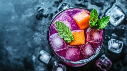 Vibrant purple cocktail with ice and orange cubes, garnished with mint, on a dark background