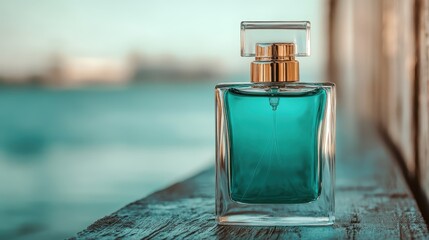 A striking aqua fragrance bottle sits elegantly on a weathered wooden surface, symbolizing luxury and allure while showcasing the beauty of perfume in an artistic setting.