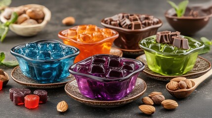Colorful, cubed jellies in glass bowls, with nuts and chocolates