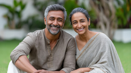 happy indian senior couple sitting together at park