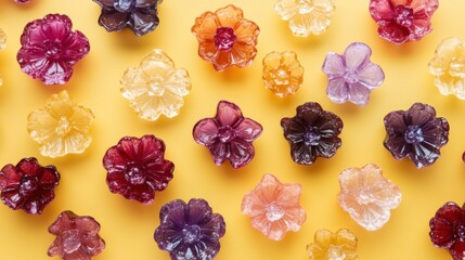 Colorful flower-shaped candies arranged on a yellow background