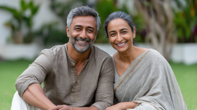 happy indian senior couple sitting together at park