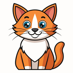 An adorable orange cat with big blue eyes is sitting calmly and smiling