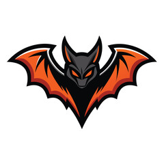 A grey bat with fiery orange eyes spread its sharp, detailed wings widely