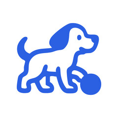 Blue outline drawing of a small dog carrying a ball