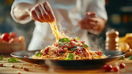 A skilled chef expertly sprinkles grated cheese onto a delicious plate of pasta, highlighting the art of culinary presentation and the joy of preparing delectable meals.
