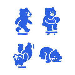 Four stylized blue bear illustrations depicting various actions