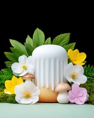White Cylindrical Dessert Decorated with Flowers and Mushrooms