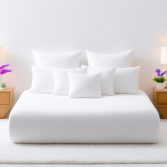 White Minimalist Bedroom with Soft Pillows and Plush Bed