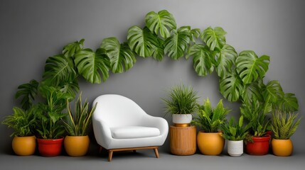 White Chair Amidst Lush Greenery in a Minimalist Setting