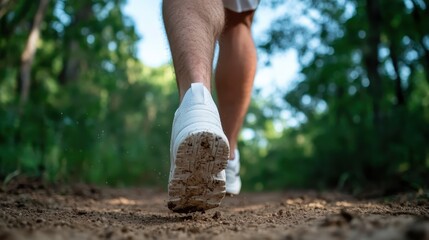 A person walking along a dirt trail surrounded by lush greenery, capturing the essence of adventure, fitness, and a connection to nature in a serene outdoor environment.