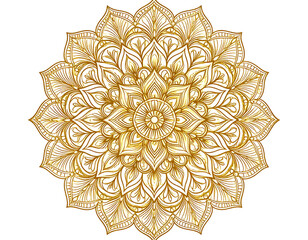 Ornate golden mandala design with intricate floral patterns, symmetrical and detailed line art. Isolated on transparent background.