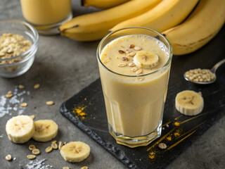 Banana shake poured into a glass. Protein. Breakfast. Smoothies. O Health.