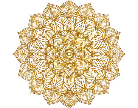 Ornate golden mandala design with intricate floral patterns, symmetrical and detailed line art. Isolated on transparent background.