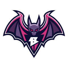 Purple bat emblem displays letter B with striking red eyes on white background
