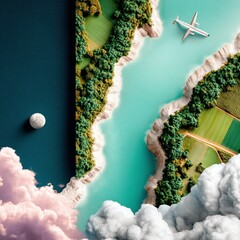 Abstract Aerial Landscape with Airplane and Clouds