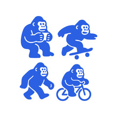 Obraz premium Four blue gorilla silhouettes, skateboarding, biking, and holding a container