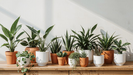 Collection of houseplants displayed on wooden surface