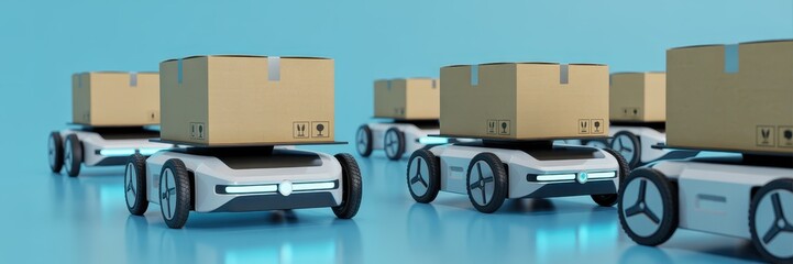 Autonomous delivery robots transport packages.