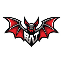 Illustrated bat mascot with red wings and lettered body design is displayed