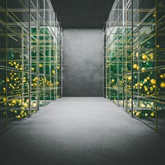 Abstract Geometric Room with Green Glass Grid and Gold Accents