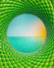 Abstract Green Tunnel Leading to Ocean Sunset