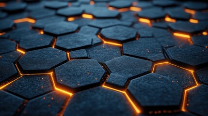 Abstract dark hexagonal stone pattern with glowing orange veins futuristic design technological background